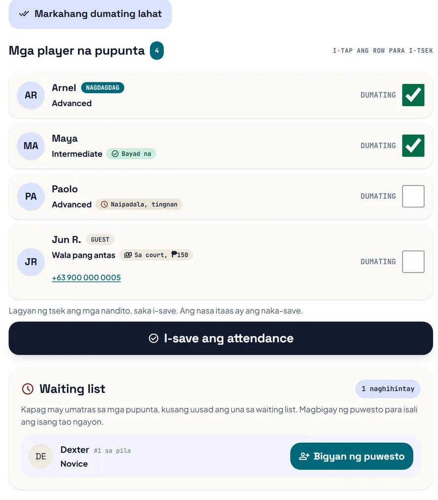 Ang listahan ng session: mga pupunta na may kahon na lalagyan ng tsek, dalawa ang may tsek na, isang guest na may numero ng telepono, ang I-save ang attendance, at ang waiting list na may Bigyan ng puwesto.