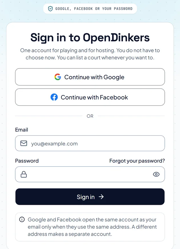 The Sign in page, with buttons for Google and Facebook, boxes for email and password, and a link for a forgotten password. The Sign in page, with buttons for Google and Facebook, boxes for email and password, and a link for a forgotten password.