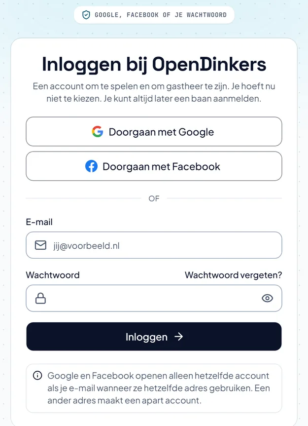 De pagina Inloggen, met knoppen voor Google en Facebook, vakken voor e-mail en wachtwoord, en een link voor een vergeten wachtwoord.