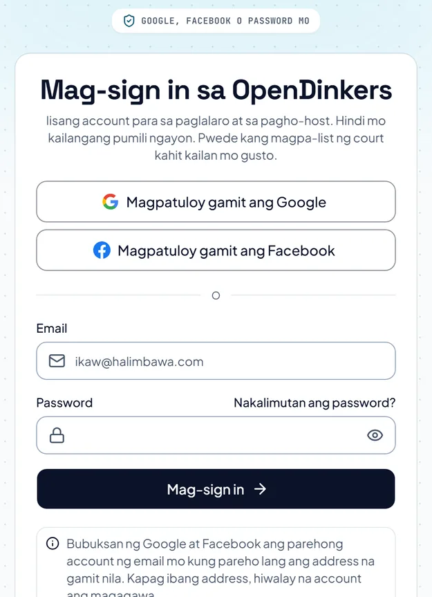 Ang Sign in page, may mga button para sa Google at Facebook, mga kahon para sa email at password, at link para sa nakalimutang password. Ang Sign in page, may mga button para sa Google at Facebook, mga kahon para sa email at password, at link para sa nakalimutang password.