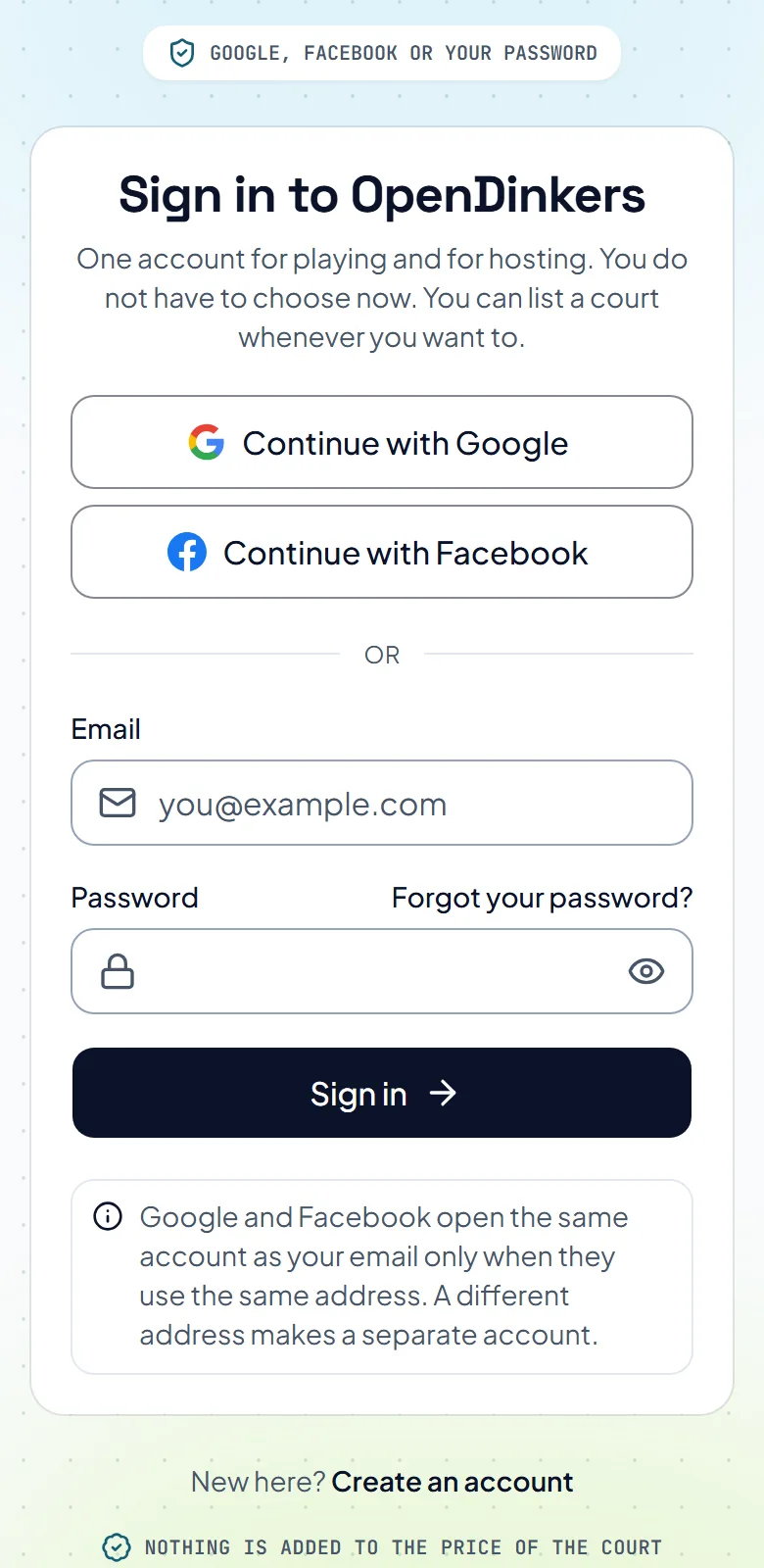 The Sign in page, with buttons for Google and Facebook, boxes for email and password, and a link for a forgotten password.