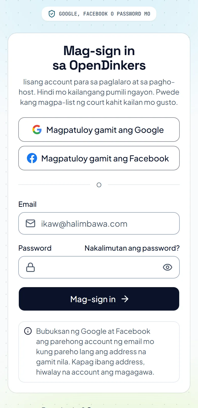 Ang Sign in page, may mga button para sa Google at Facebook, mga kahon para sa email at password, at link para sa nakalimutang password.